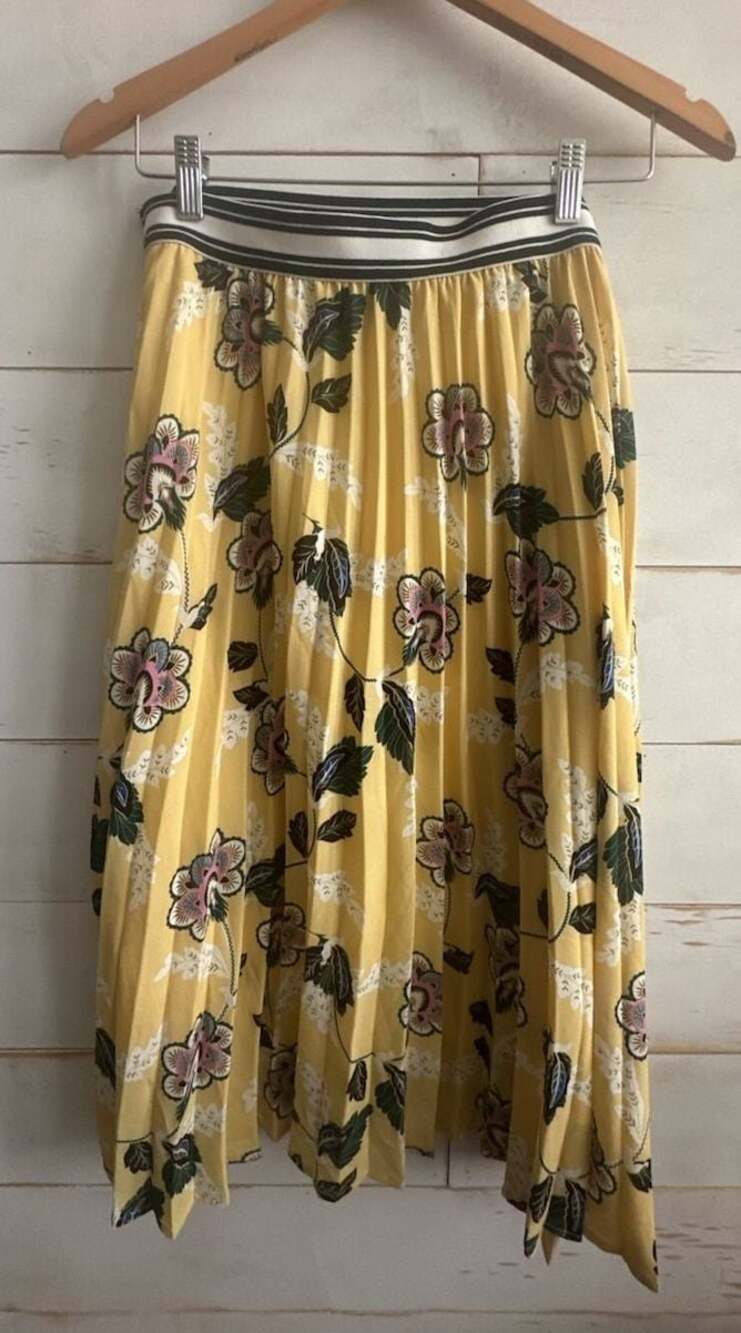 Hazel Yellow Floral Print Pleated Midi Skirt with Striped Elastic Waistband
